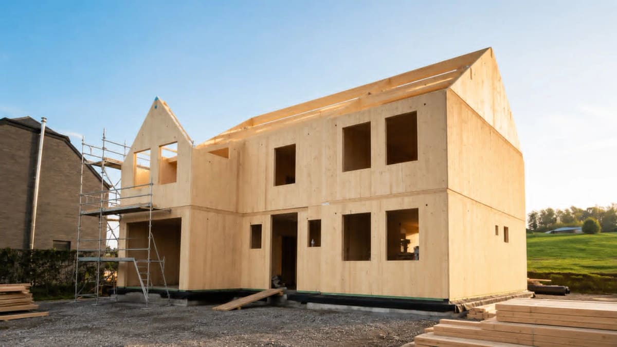 Maison en construction dont la structure en panneaux de bois CLT est apparente